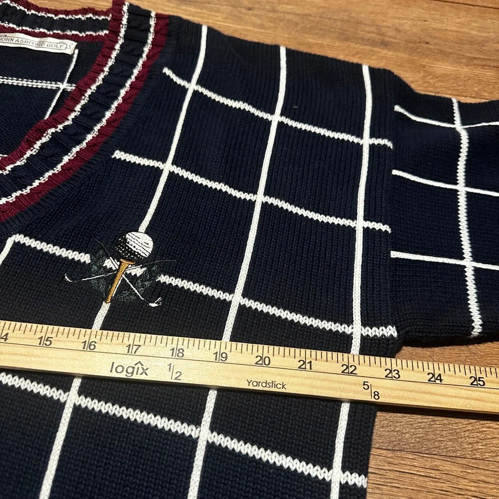 Vintage John Ashford Navy Blue Grid Golf V-Neck Sweater Mens Large